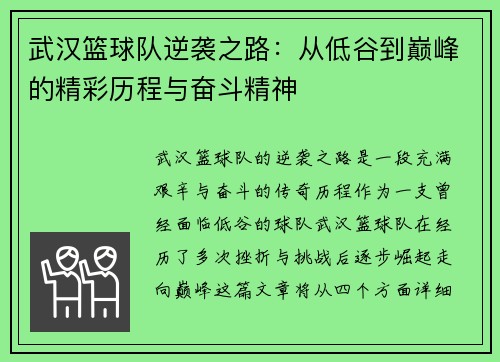 武汉篮球队逆袭之路：从低谷到巅峰的精彩历程与奋斗精神